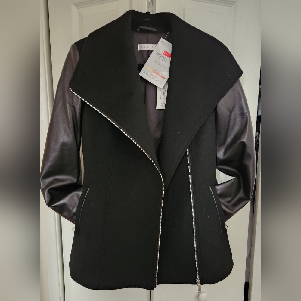 Danier Wool Moto Coat with Leather Sleeves, Black, Size US S